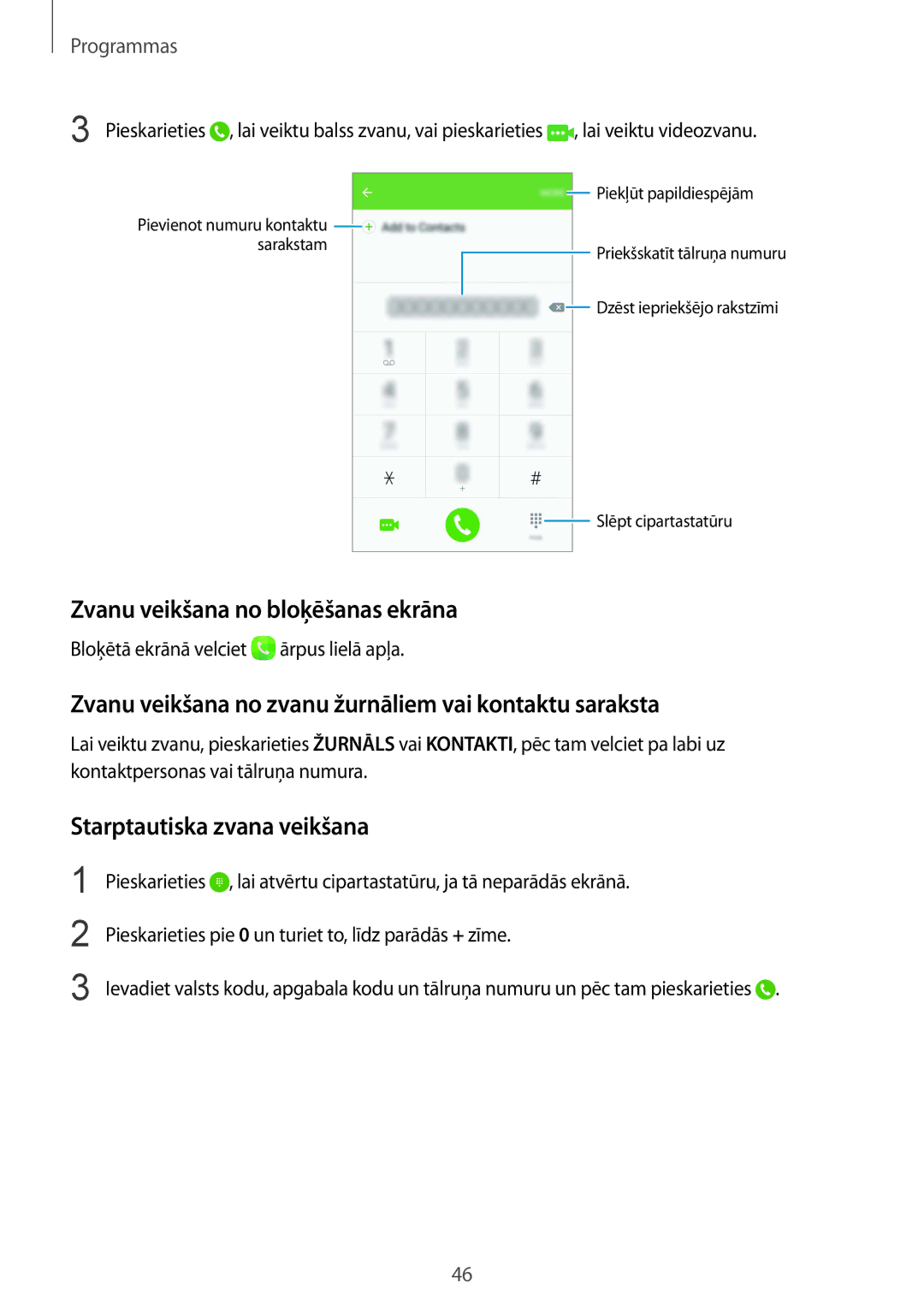 Samsung SM-G920FZBASEB manual Zvanu veikšana no bloķēšanas ekrāna, Zvanu veikšana no zvanu žurnāliem vai kontaktu saraksta 