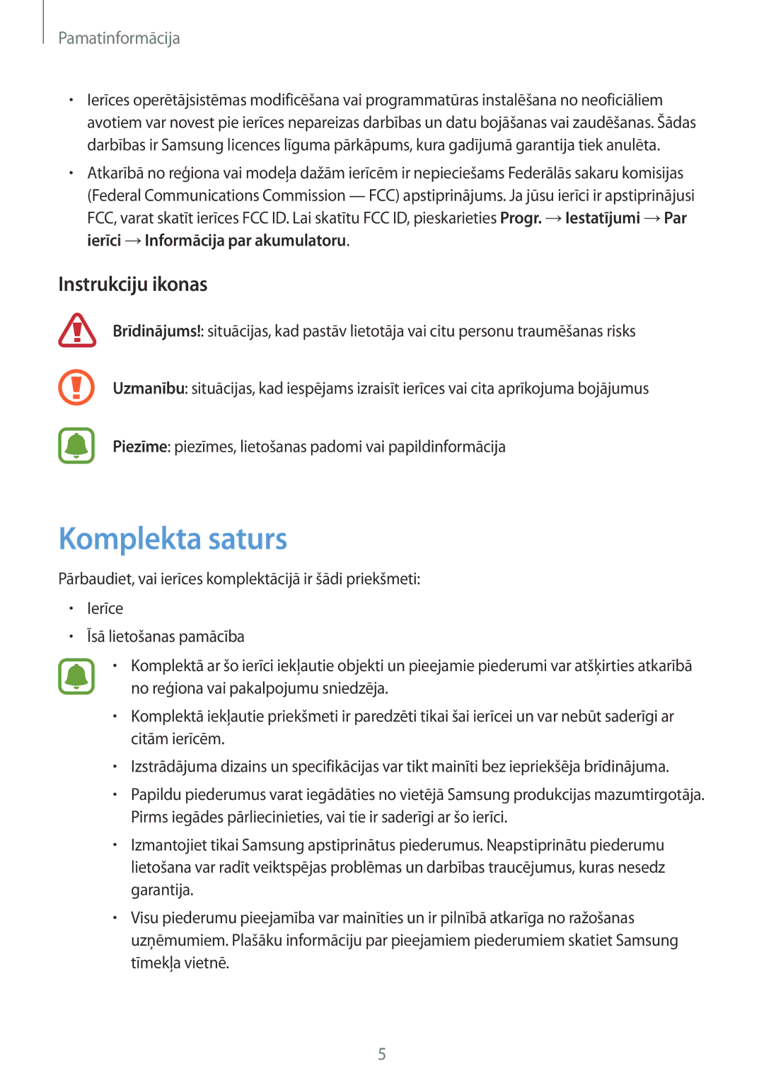 Samsung SM-G920FZBASEB manual Komplekta saturs, Instrukciju ikonas 