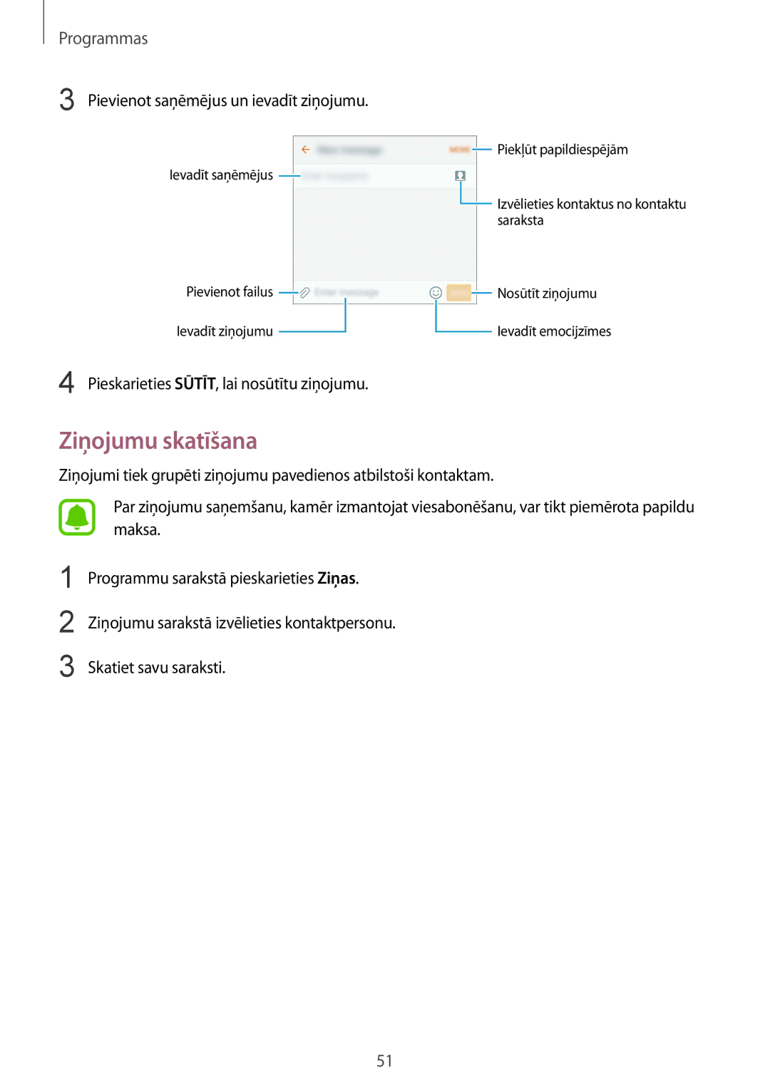 Samsung SM-G920FZBASEB manual Ziņojumu skatīšana, Pievienot saņēmējus un ievadīt ziņojumu 