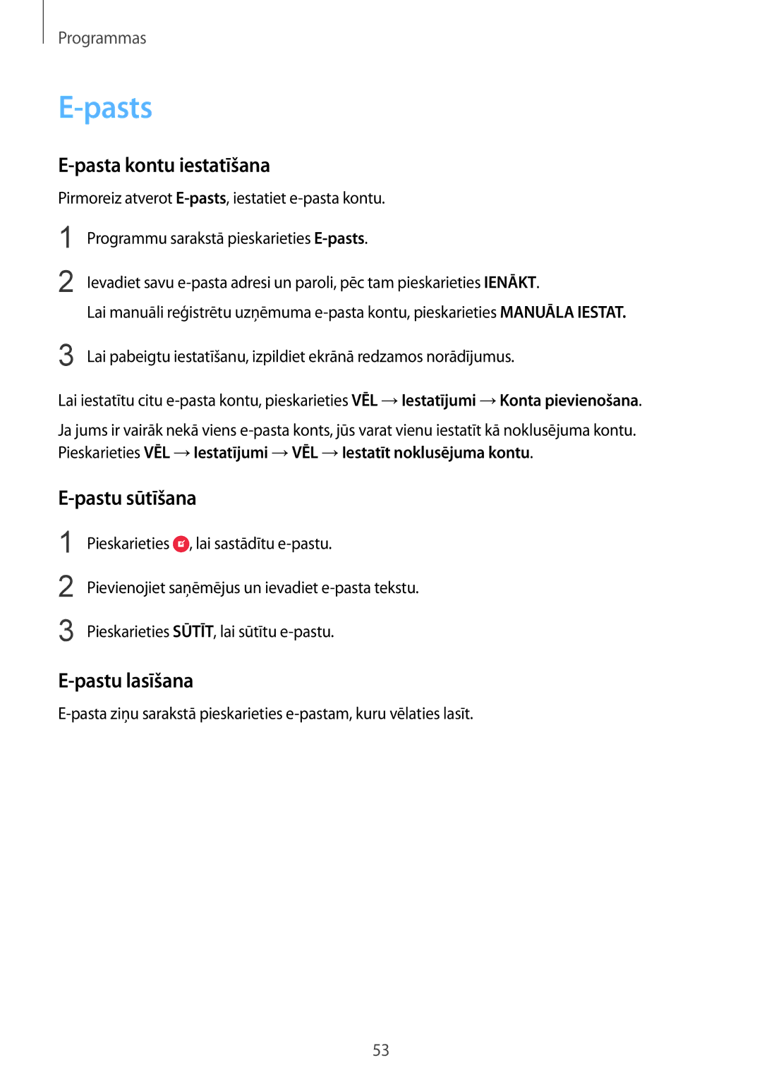 Samsung SM-G920FZBASEB manual Pasts, Pasta kontu iestatīšana, Pastu sūtīšana, Pastu lasīšana 