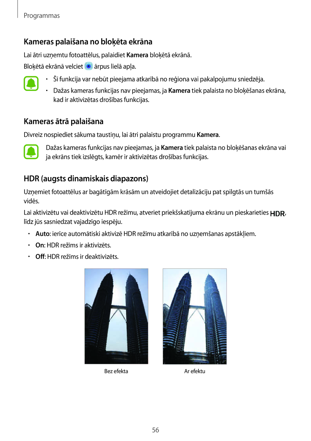 Samsung SM-G920FZBASEB manual Kameras palaišana no bloķēta ekrāna, Kameras ātrā palaišana, HDR augsts dinamiskais diapazons 