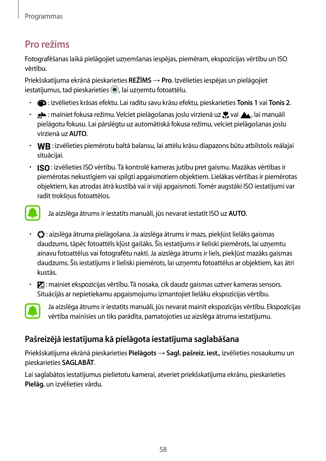 Samsung SM-G920FZBASEB manual Pro režīms, Pašreizējā iestatījuma kā pielāgota iestatījuma saglabāšana 