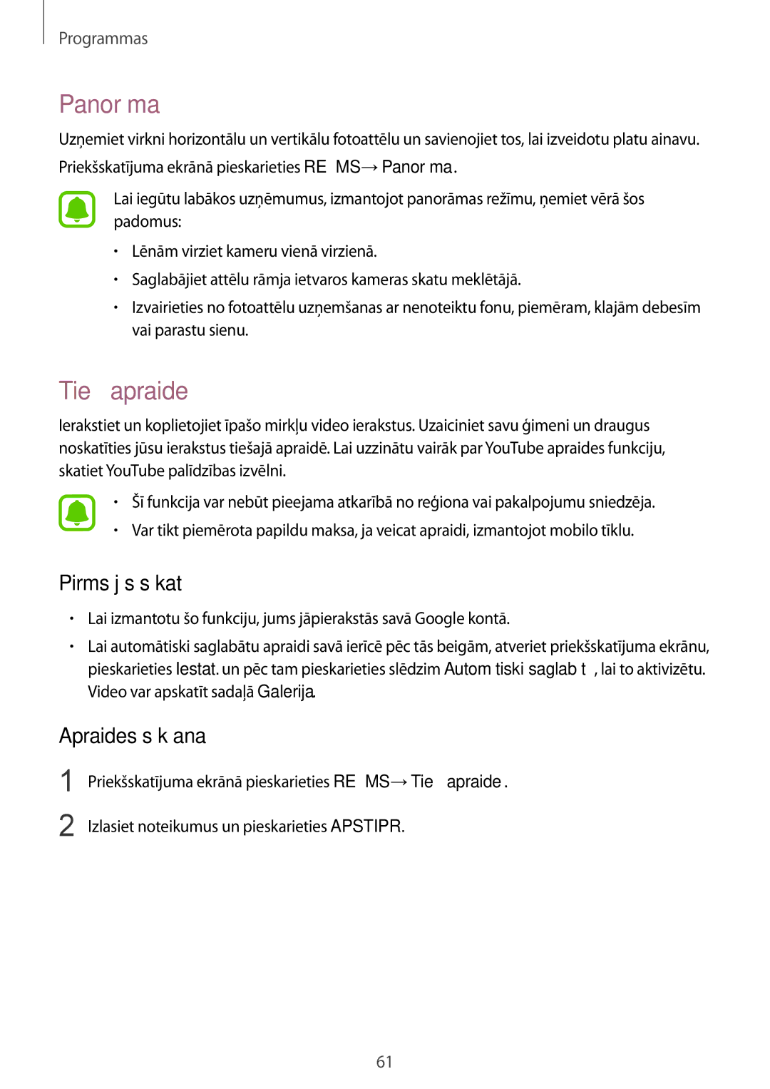 Samsung SM-G920FZBASEB manual Panorāma, Tiešā apraide, Pirms jūs sākat, Apraides sākšana 