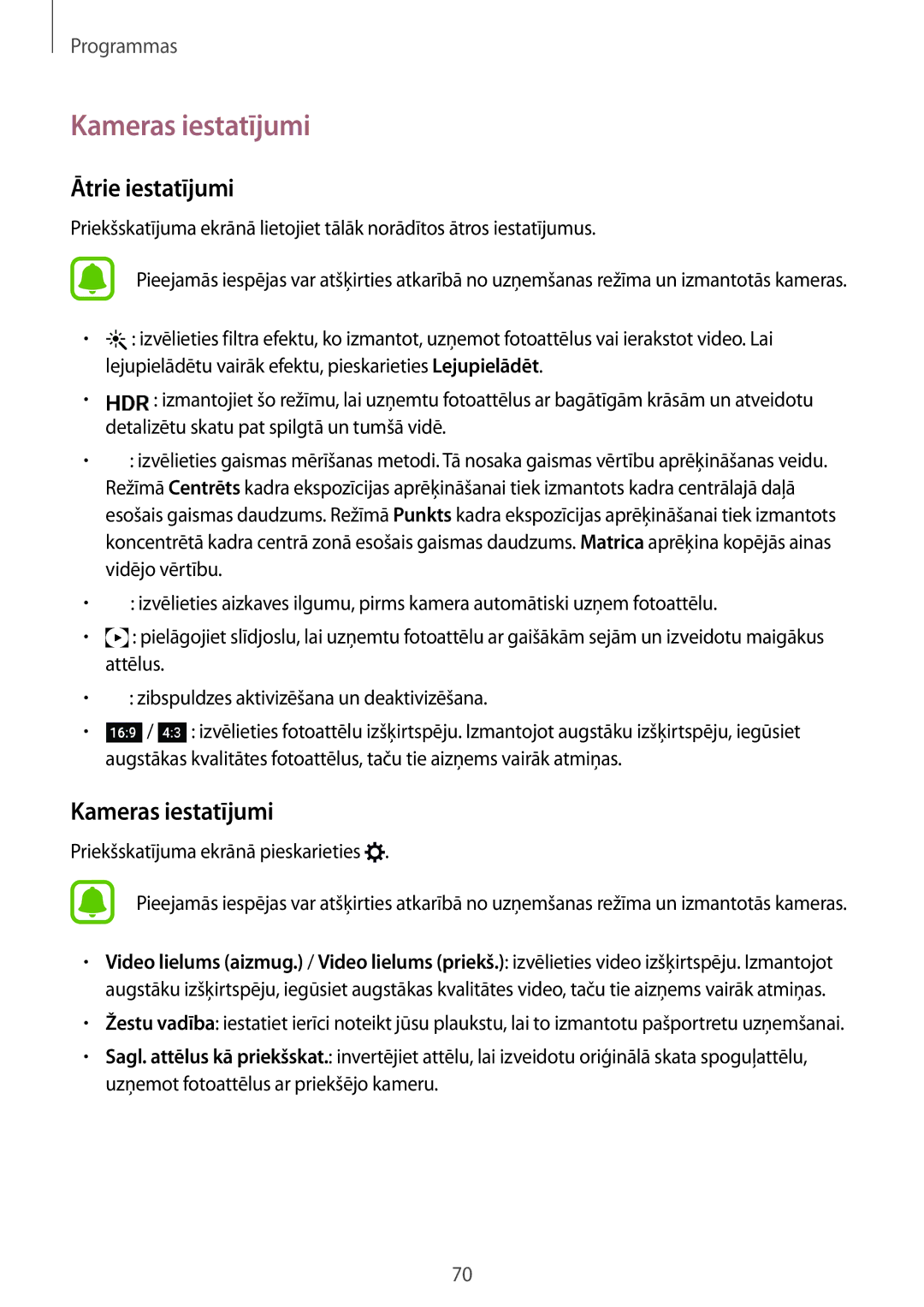 Samsung SM-G920FZBASEB manual Kameras iestatījumi, Ātrie iestatījumi, Priekšskatījuma ekrānā pieskarieties 