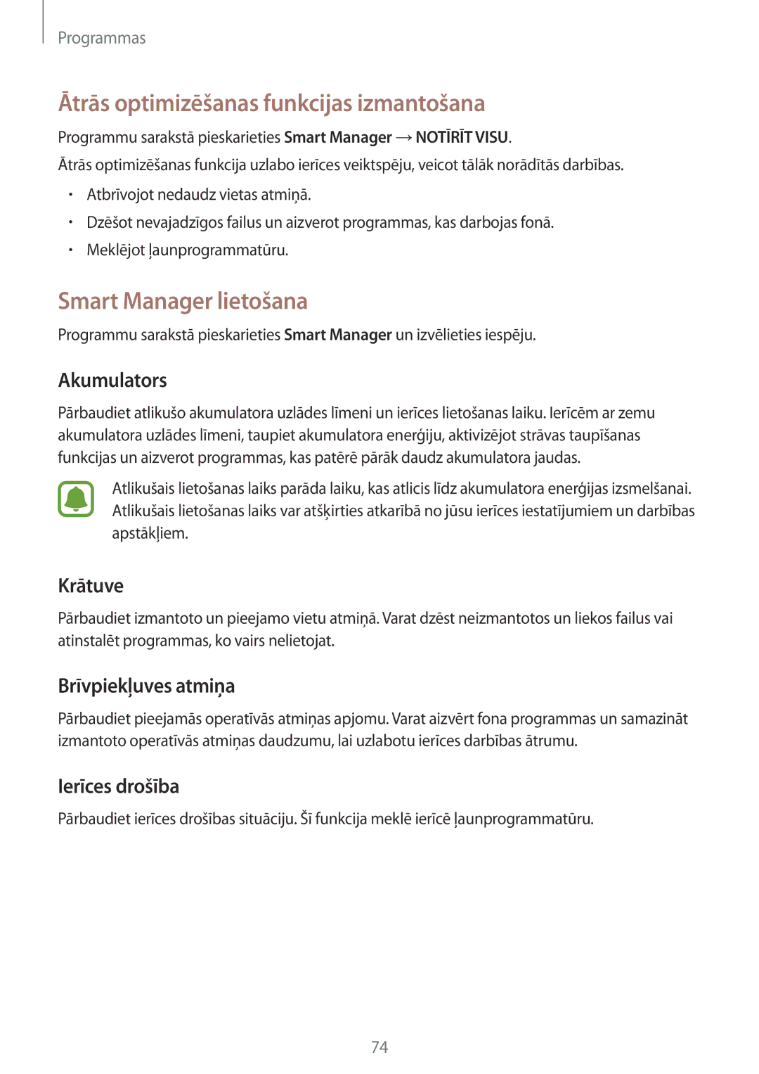 Samsung SM-G920FZBASEB manual Ātrās optimizēšanas funkcijas izmantošana, Smart Manager lietošana 