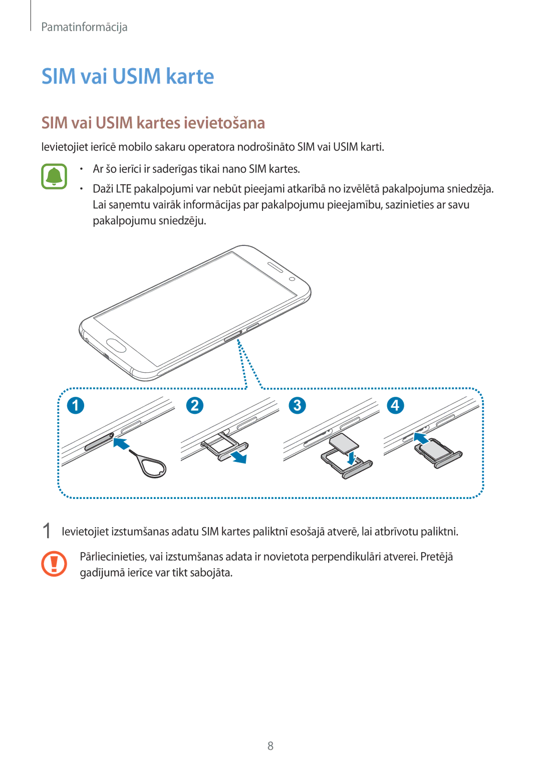 Samsung SM-G920FZBASEB manual SIM vai Usim kartes ievietošana 