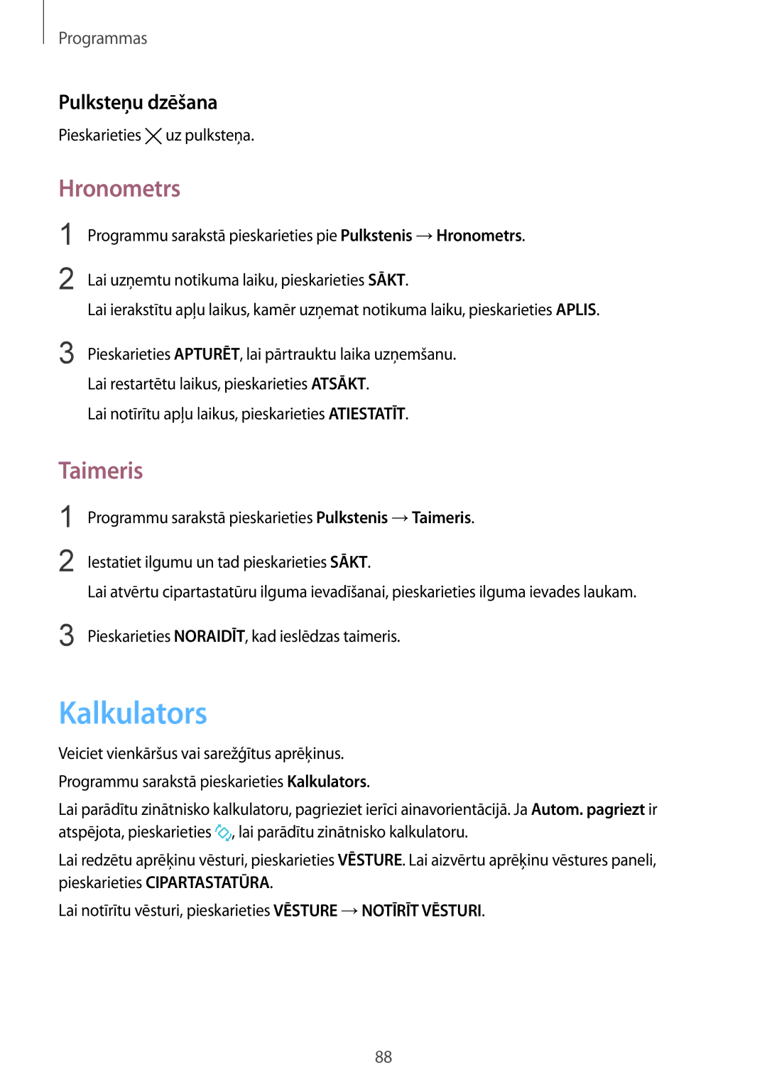 Samsung SM-G920FZBASEB manual Kalkulators, Hronometrs, Taimeris, Pulksteņu dzēšana 