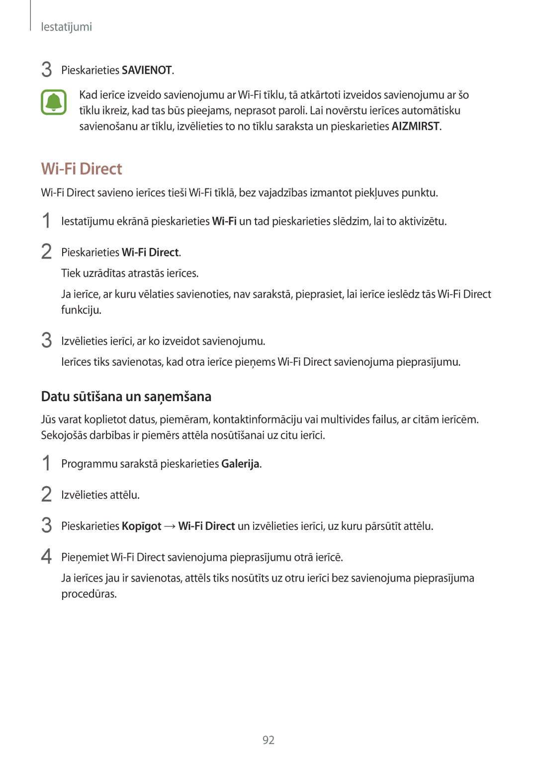 Samsung SM-G920FZBASEB manual Wi-Fi Direct, Datu sūtīšana un saņemšana, Pieskarieties Savienot 