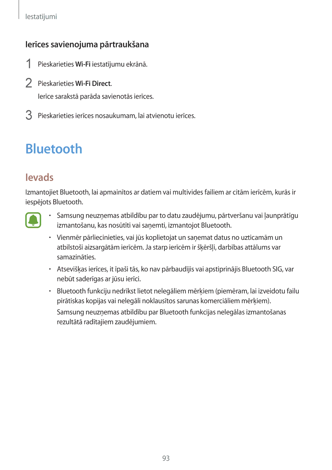 Samsung SM-G920FZBASEB manual Bluetooth, Ierīces savienojuma pārtraukšana 