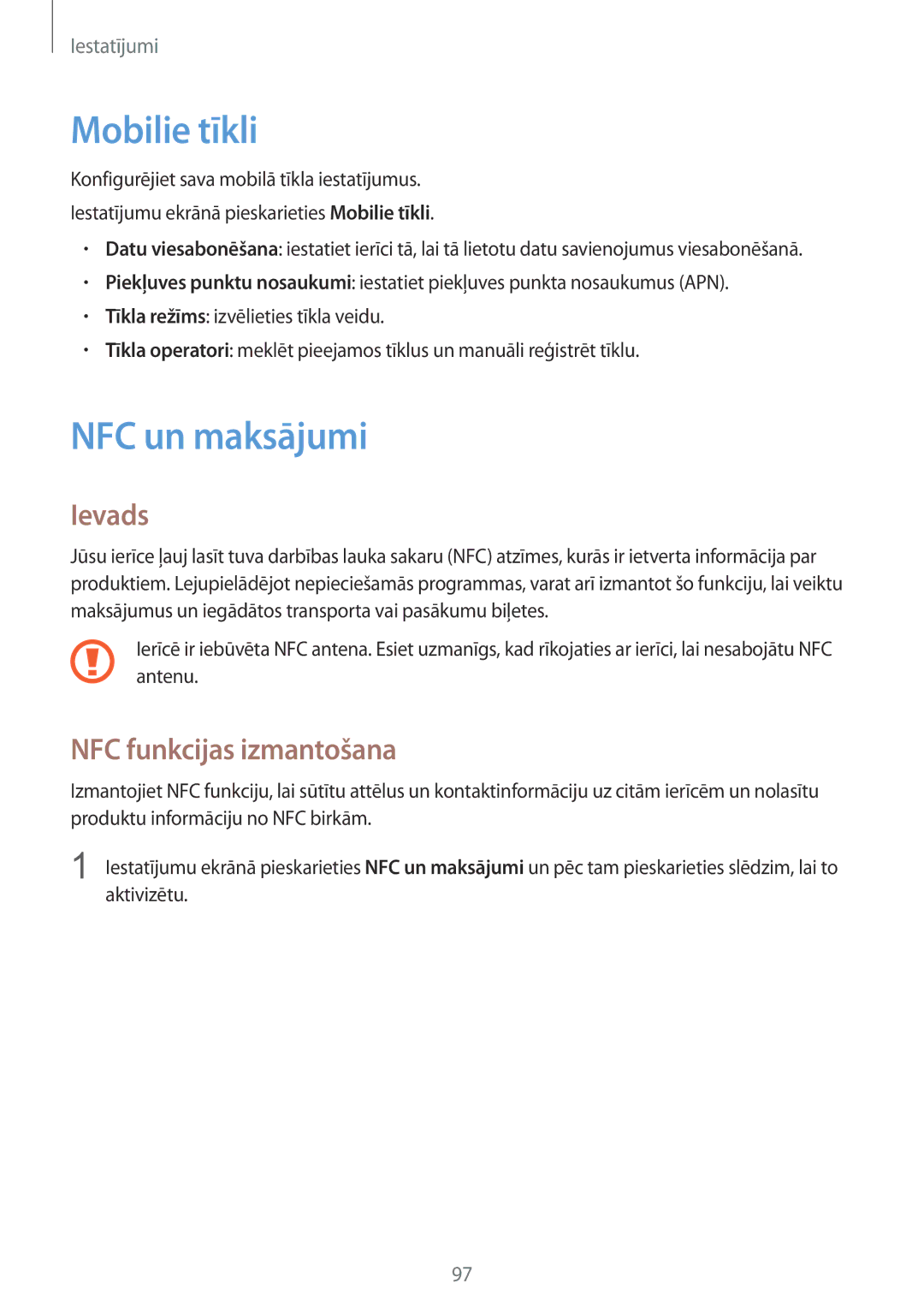 Samsung SM-G920FZBASEB manual Mobilie tīkli, NFC un maksājumi, NFC funkcijas izmantošana 