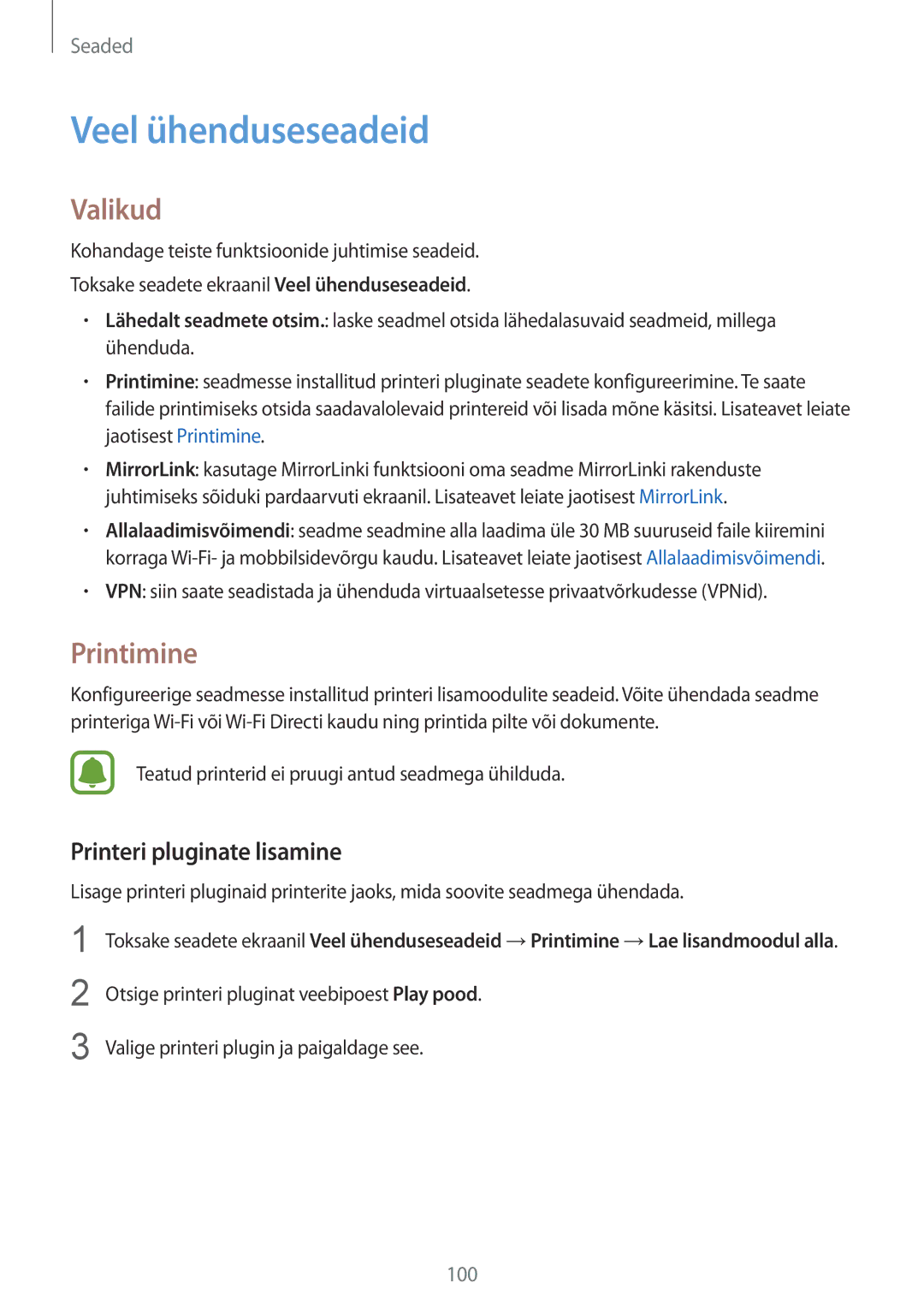 Samsung SM-G920FZBASEB manual Veel ühenduseseadeid, Valikud, Printimine, Printeri pluginate lisamine 