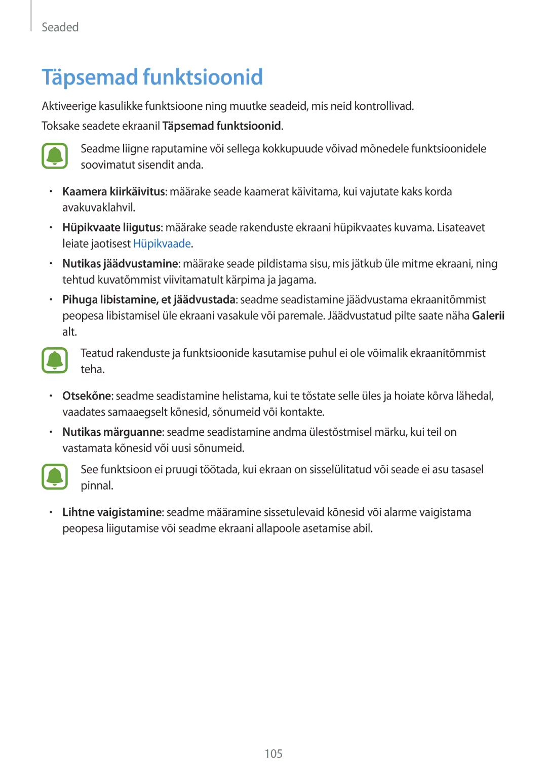 Samsung SM-G920FZBASEB manual Täpsemad funktsioonid 