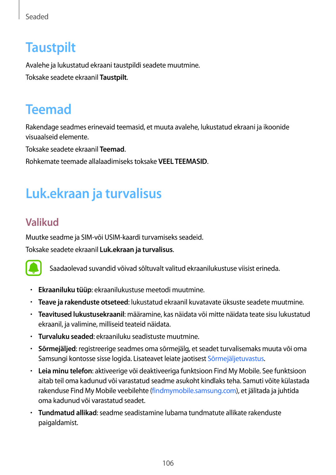 Samsung SM-G920FZBASEB manual Taustpilt, Teemad, Luk.ekraan ja turvalisus 