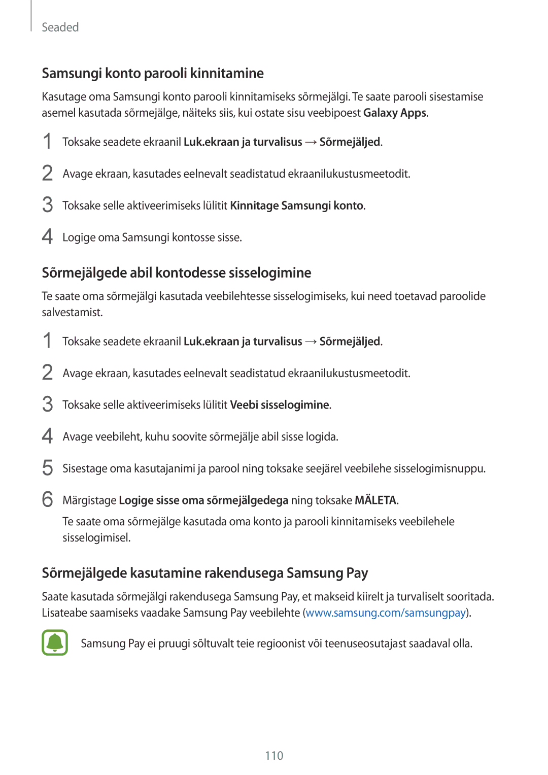 Samsung SM-G920FZBASEB manual Samsungi konto parooli kinnitamine, Sõrmejälgede abil kontodesse sisselogimine 