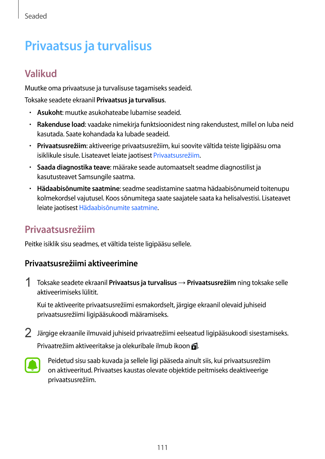 Samsung SM-G920FZBASEB manual Privaatsus ja turvalisus, Privaatsusrežiimi aktiveerimine 