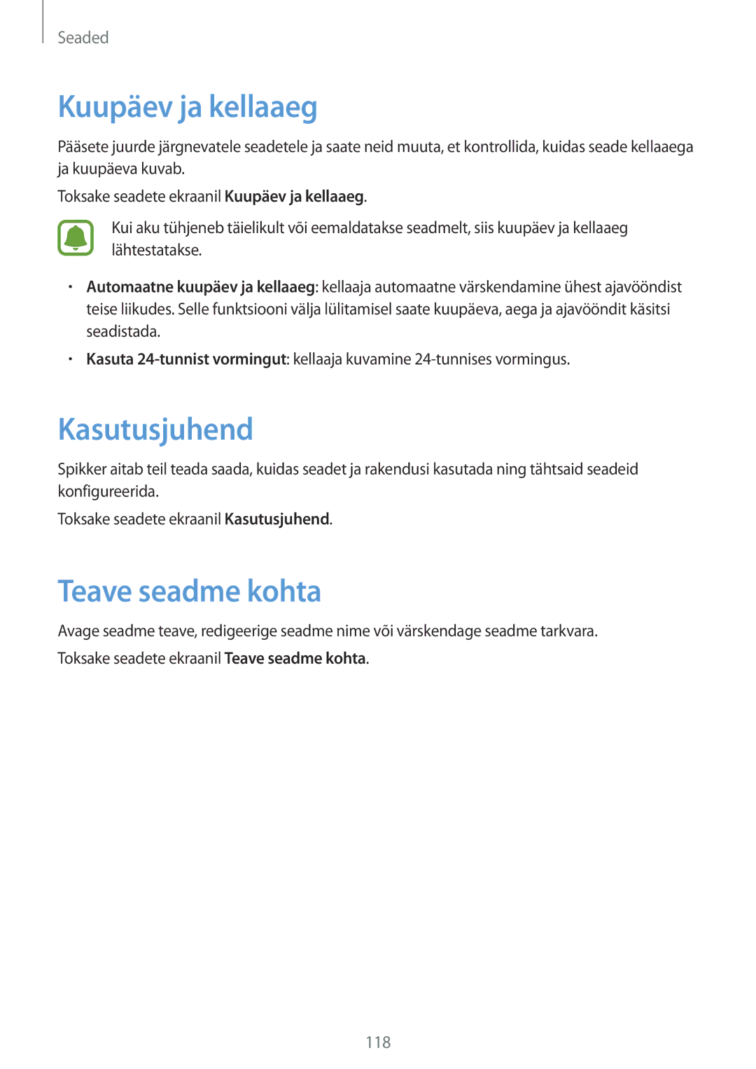 Samsung SM-G920FZBASEB manual Kuupäev ja kellaaeg, Kasutusjuhend, Teave seadme kohta 