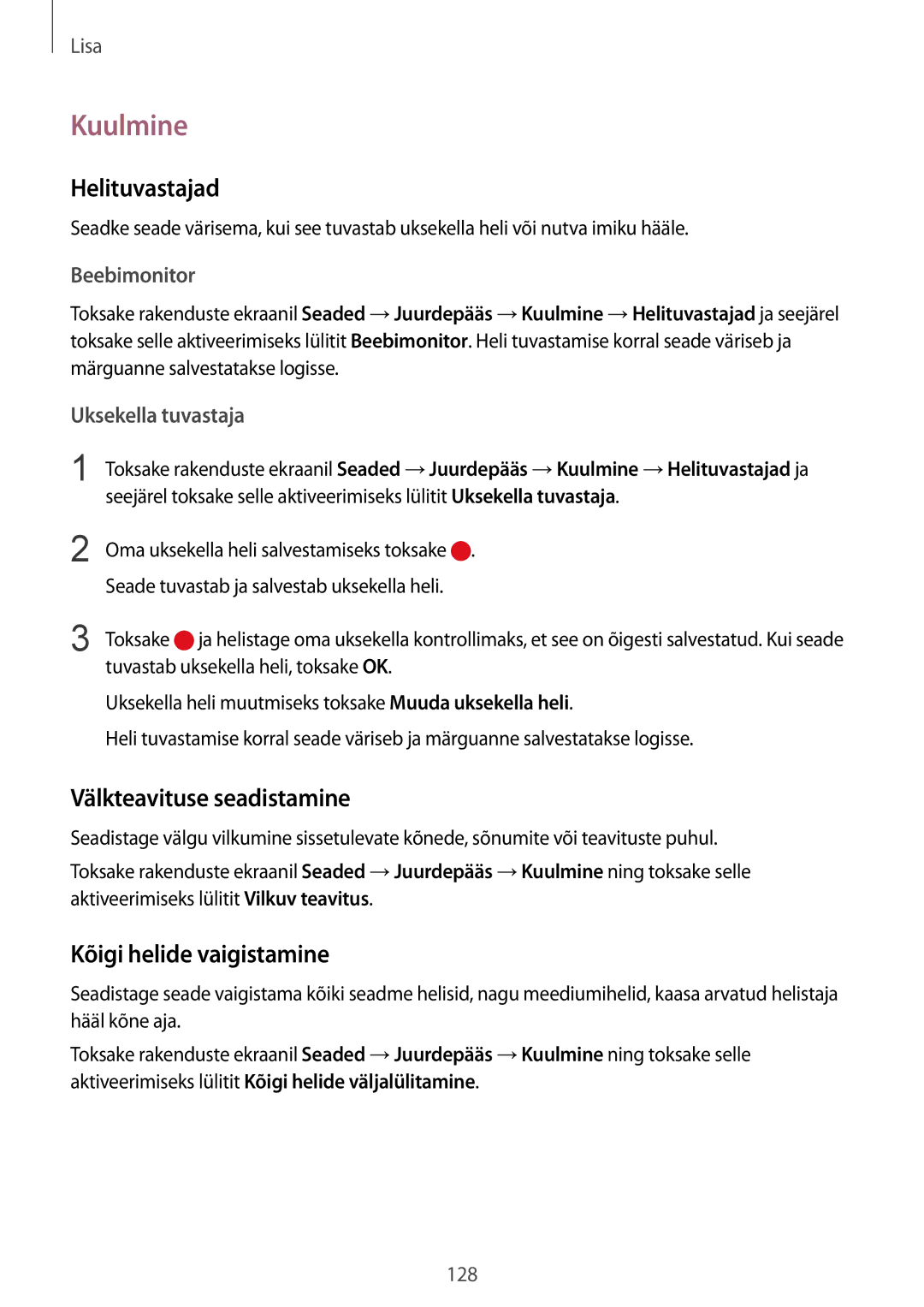 Samsung SM-G920FZBASEB manual Kuulmine, Helituvastajad, Välkteavituse seadistamine, Kõigi helide vaigistamine 