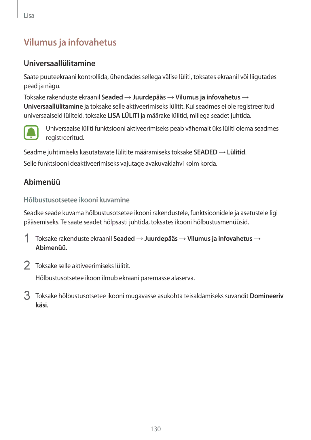 Samsung SM-G920FZBASEB manual Vilumus ja infovahetus, Universaallülitamine, Abimenüü, Käsi 