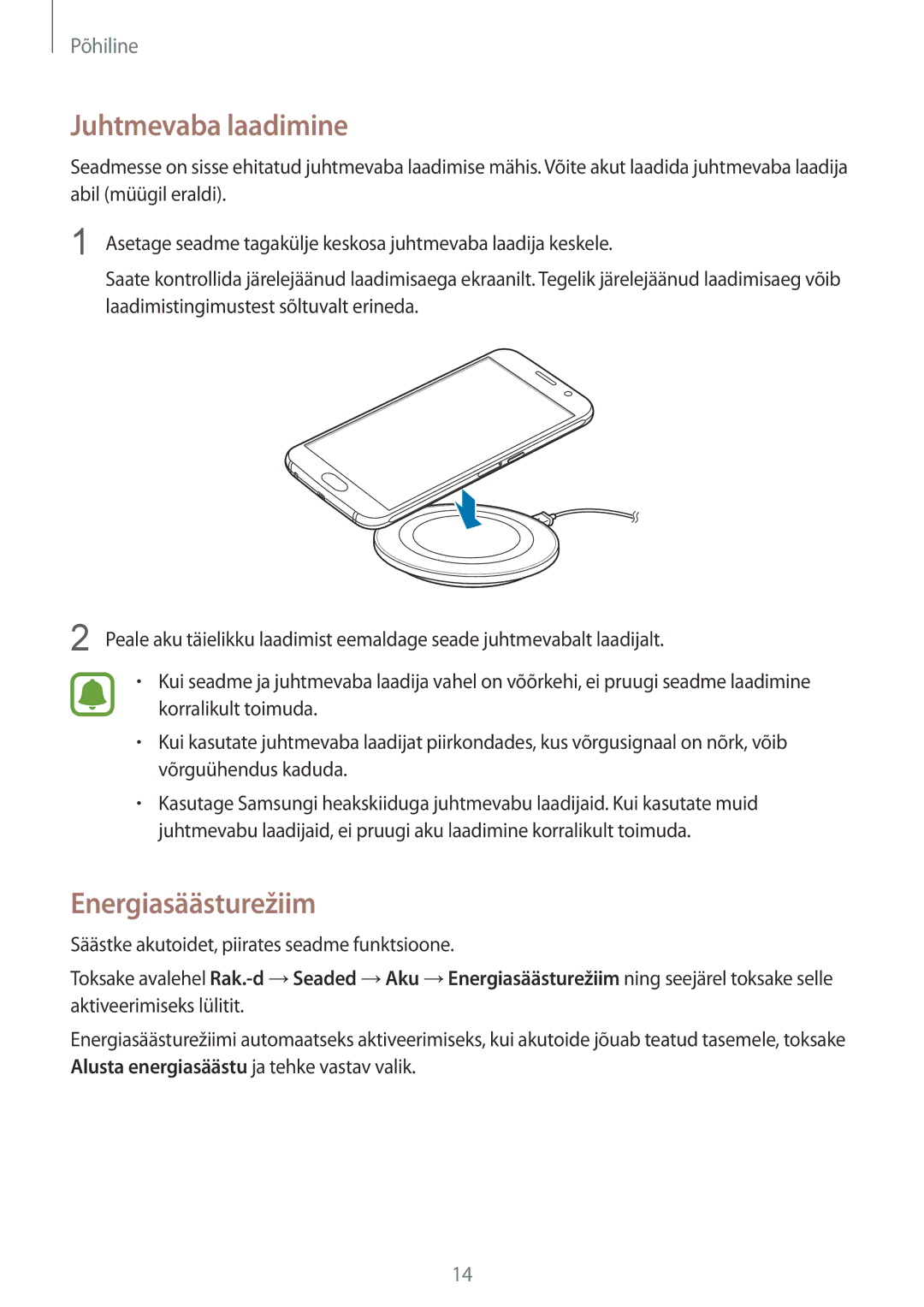 Samsung SM-G920FZBASEB manual Juhtmevaba laadimine, Energiasäästurežiim 