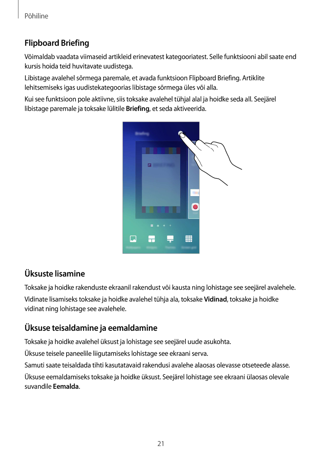 Samsung SM-G920FZBASEB manual Flipboard Briefing, Üksuste lisamine, Üksuse teisaldamine ja eemaldamine 