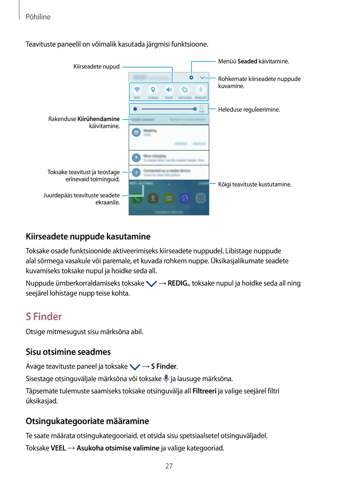 Samsung SM-G920FZBASEB manual Finder, Kiirseadete nuppude kasutamine, Sisu otsimine seadmes, Otsingukategooriate määramine 