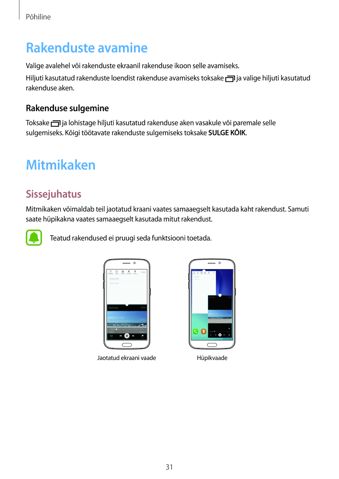 Samsung SM-G920FZBASEB manual Rakenduste avamine, Mitmikaken, Sissejuhatus, Rakenduse sulgemine 