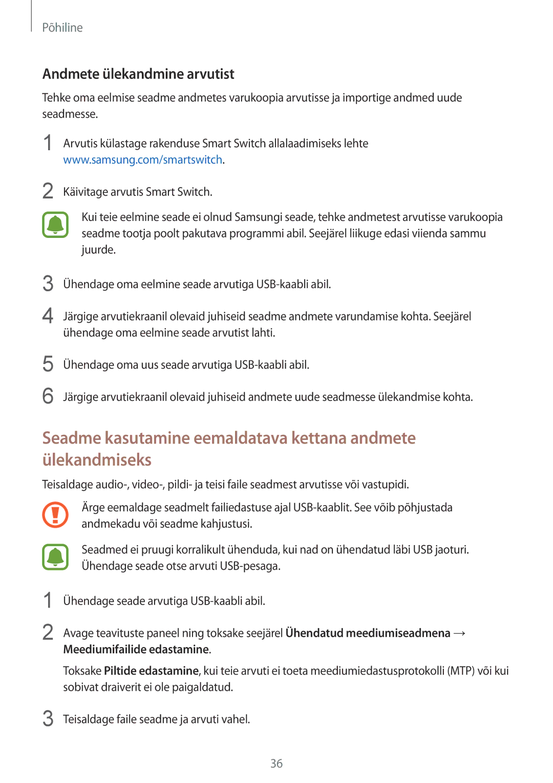 Samsung SM-G920FZBASEB manual Seadme kasutamine eemaldatava kettana andmete ülekandmiseks, Andmete ülekandmine arvutist 