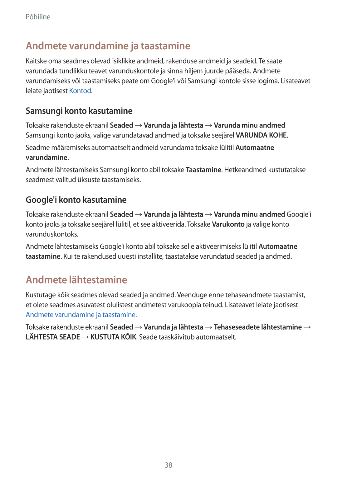 Samsung SM-G920FZBASEB manual Andmete varundamine ja taastamine, Andmete lähtestamine, Samsungi konto kasutamine 