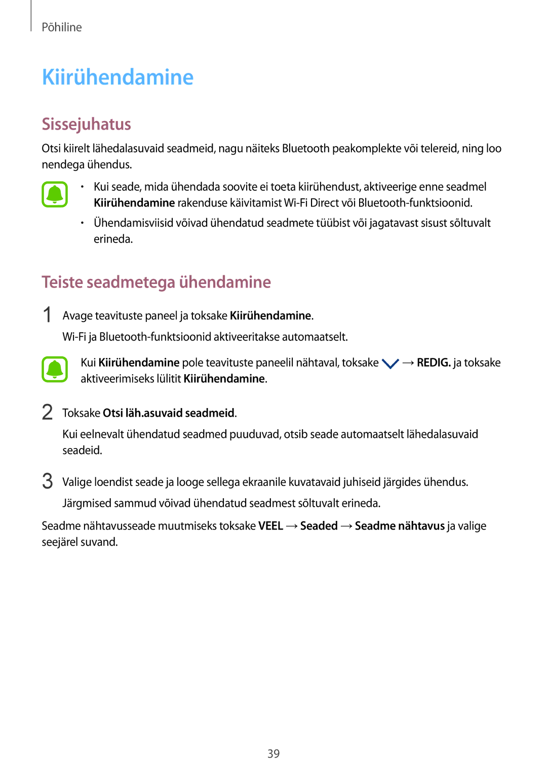 Samsung SM-G920FZBASEB manual Kiirühendamine, Teiste seadmetega ühendamine, Toksake Otsi läh.asuvaid seadmeid 