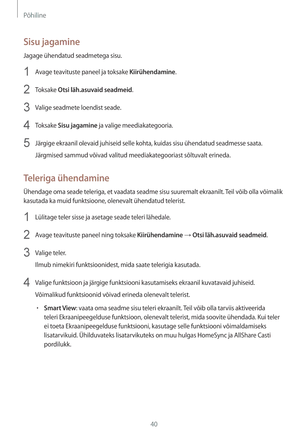 Samsung SM-G920FZBASEB manual Sisu jagamine, Teleriga ühendamine 