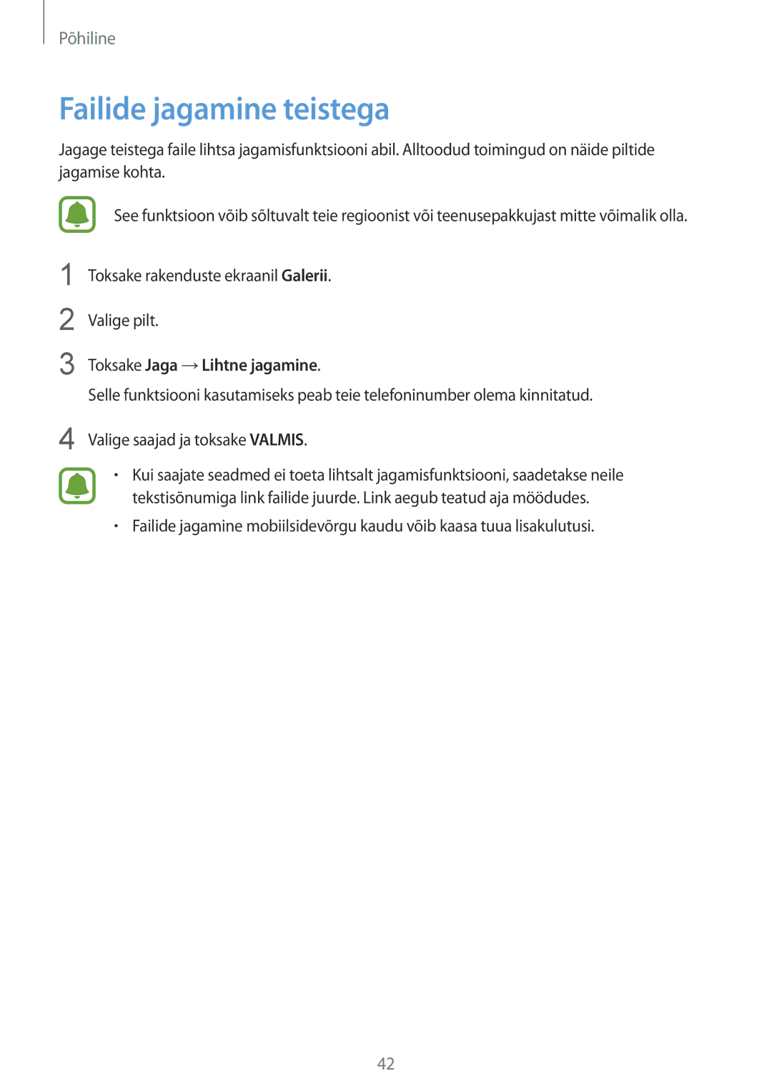 Samsung SM-G920FZBASEB manual Failide jagamine teistega, Toksake Jaga →Lihtne jagamine 