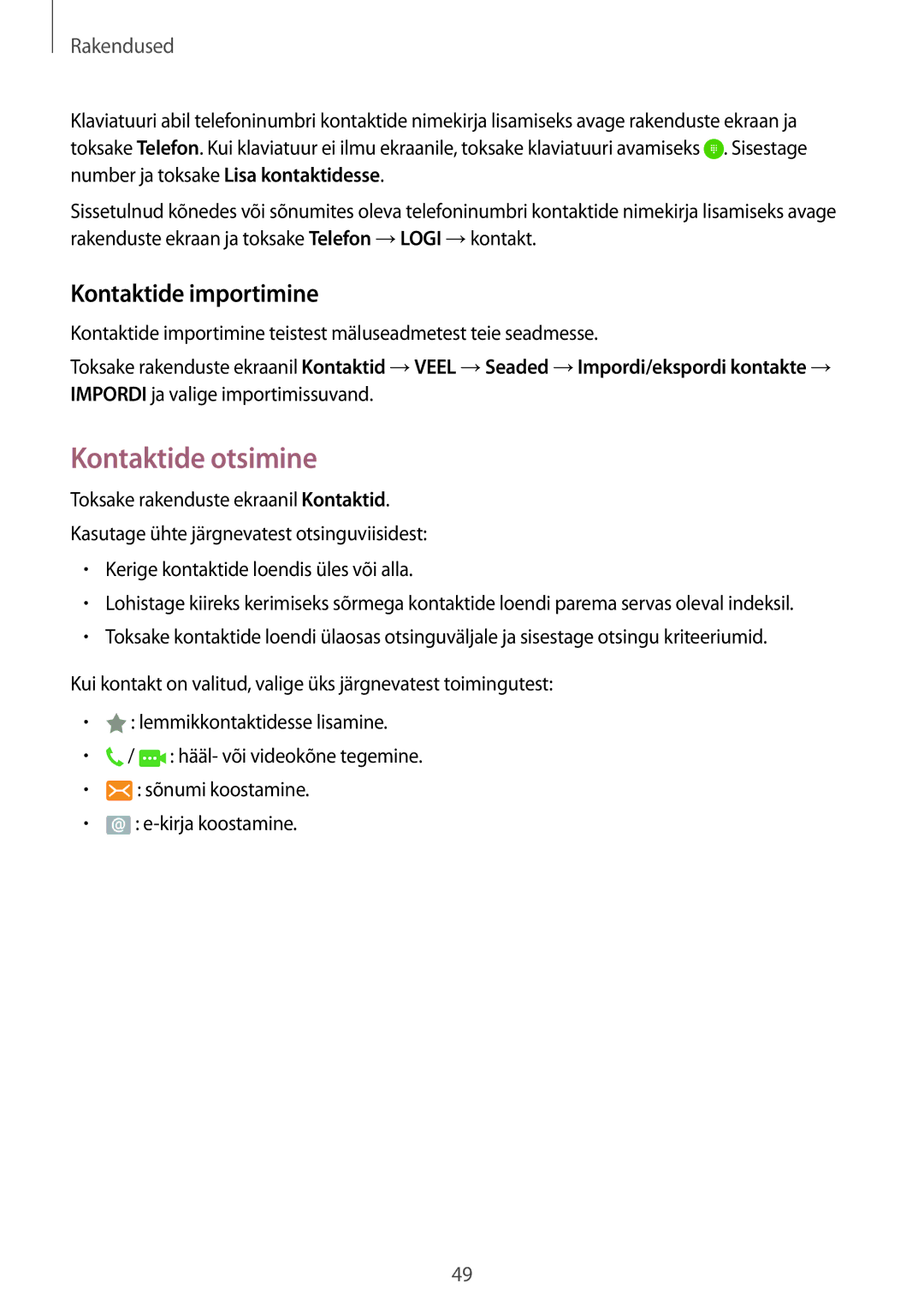 Samsung SM-G920FZBASEB manual Kontaktide otsimine, Kontaktide importimine 