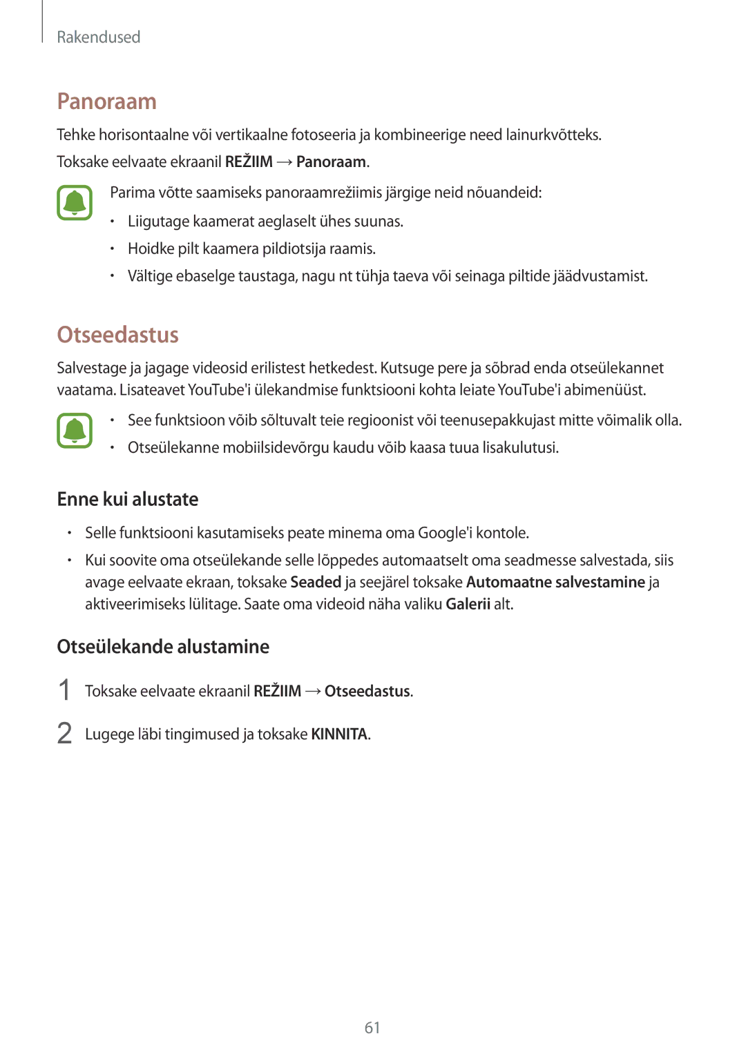 Samsung SM-G920FZBASEB manual Panoraam, Otseedastus, Enne kui alustate, Otseülekande alustamine 