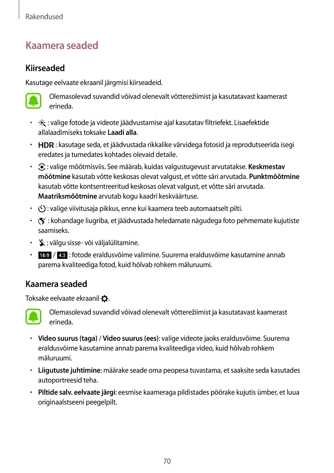 Samsung SM-G920FZBASEB manual Kaamera seaded, Kiirseaded 