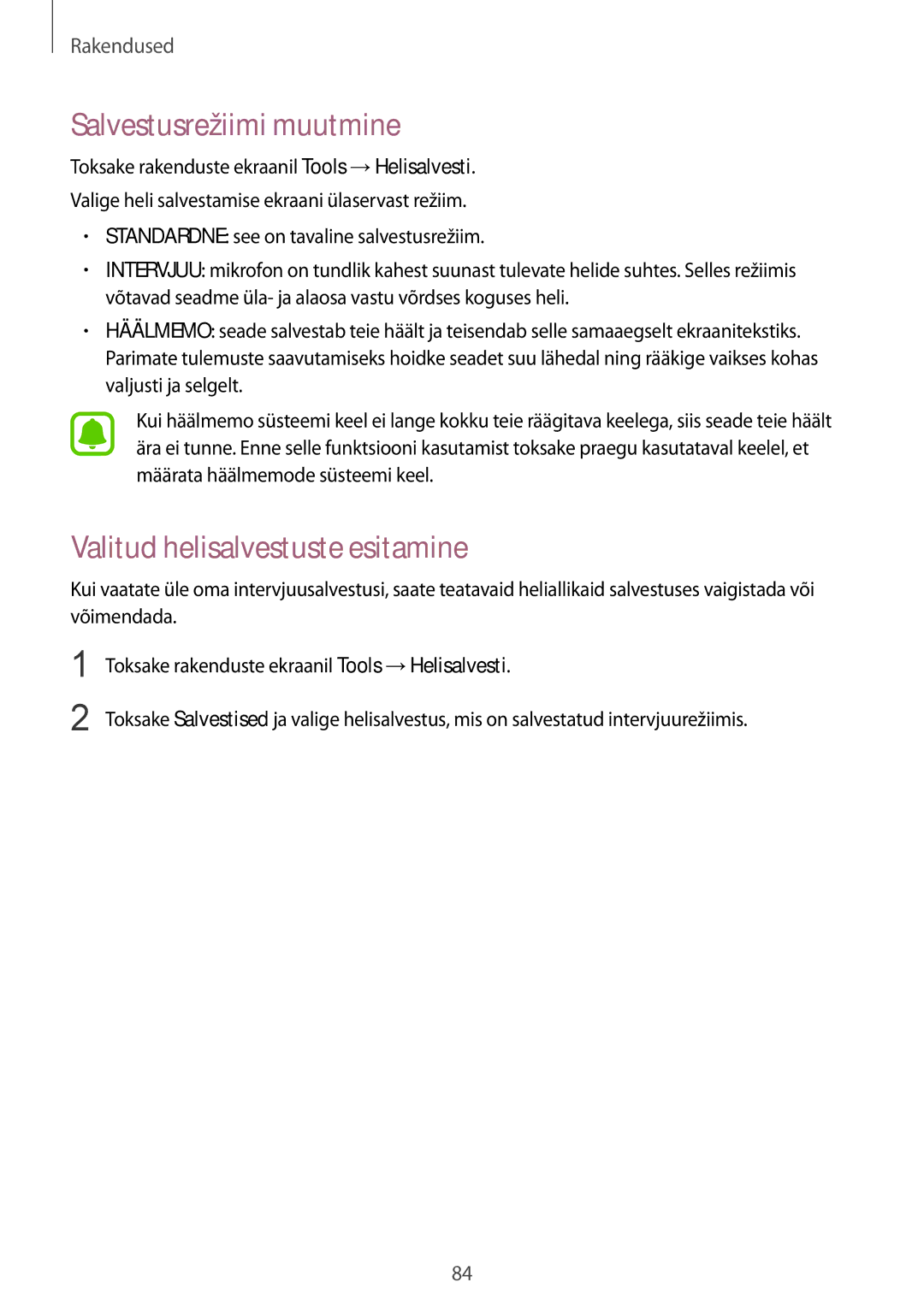 Samsung SM-G920FZBASEB manual Salvestusrežiimi muutmine, Valitud helisalvestuste esitamine 