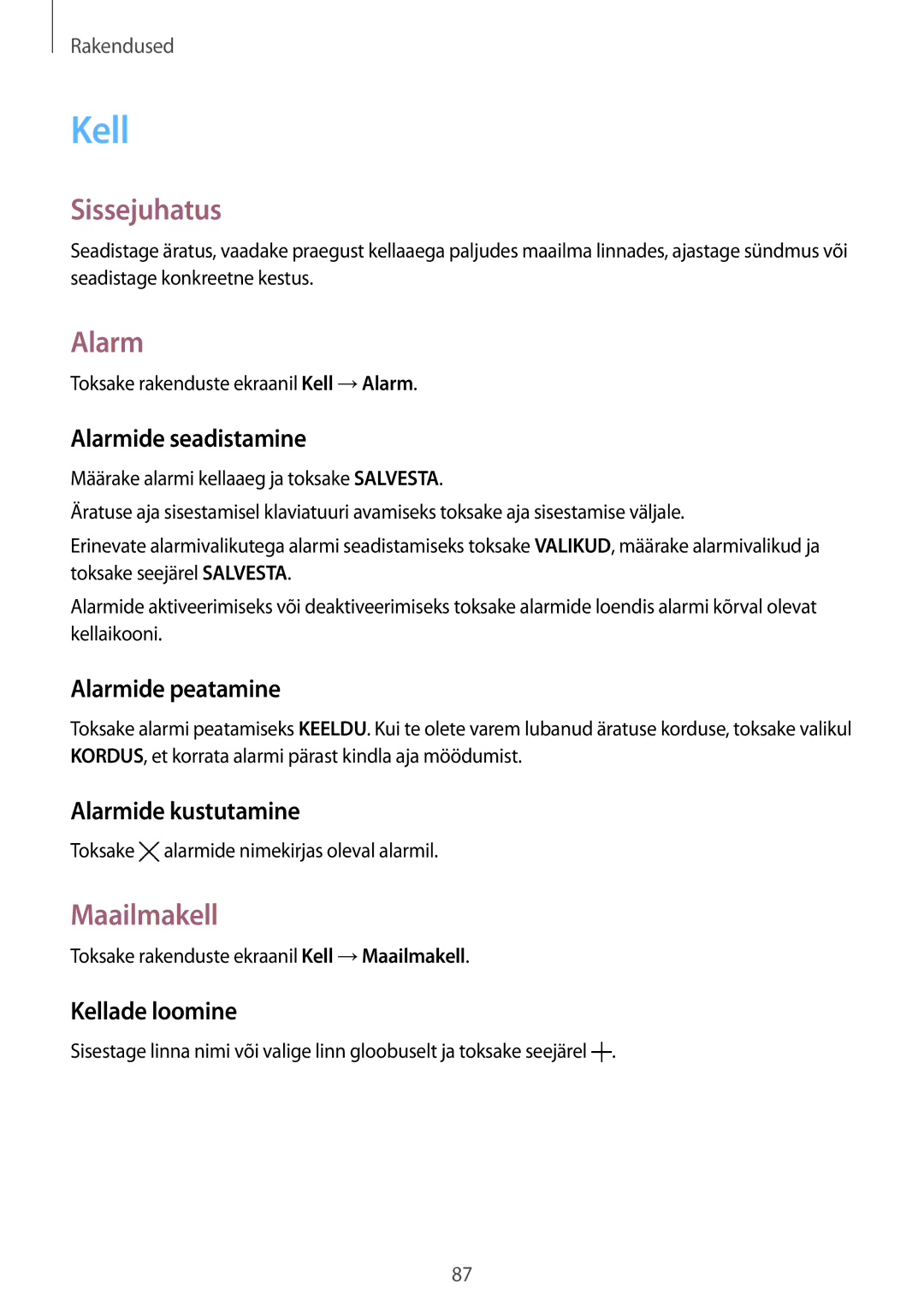 Samsung SM-G920FZBASEB manual Kell, Alarm, Maailmakell 