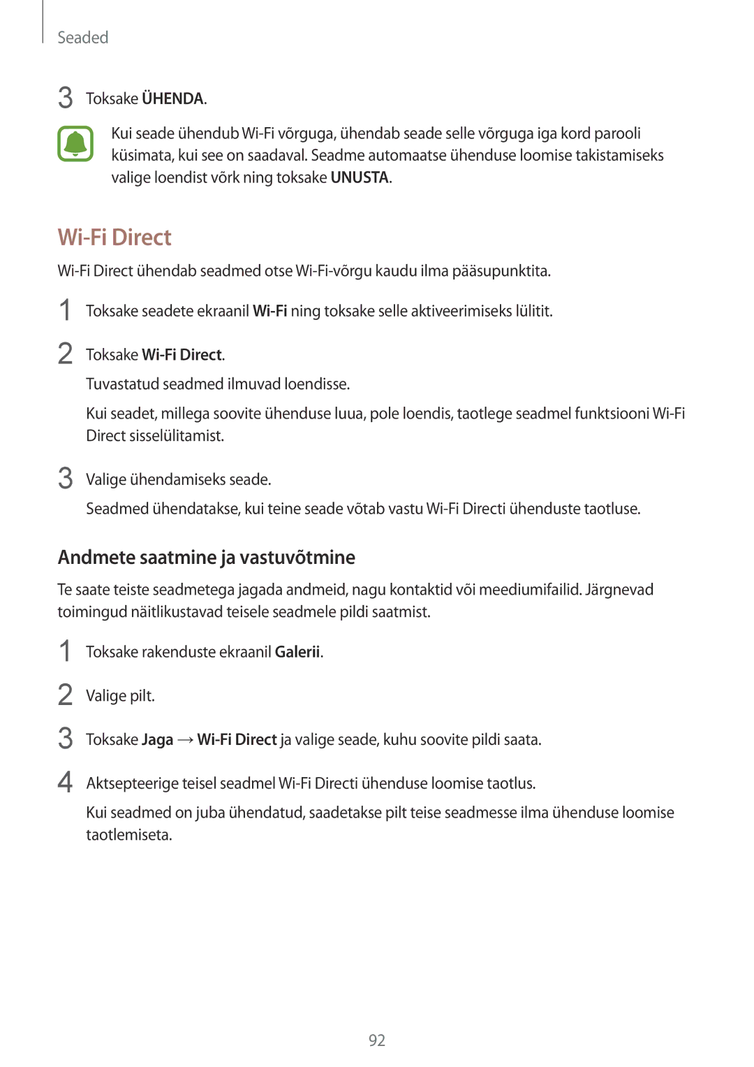 Samsung SM-G920FZBASEB manual Andmete saatmine ja vastuvõtmine, Toksake Wi-Fi Direct 