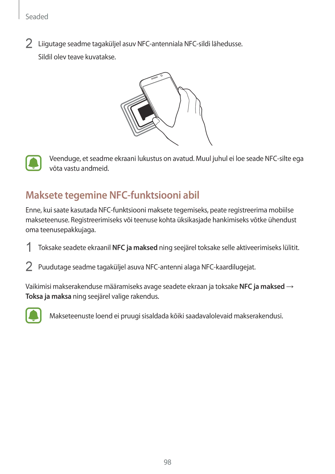 Samsung SM-G920FZBASEB manual Maksete tegemine NFC-funktsiooni abil 