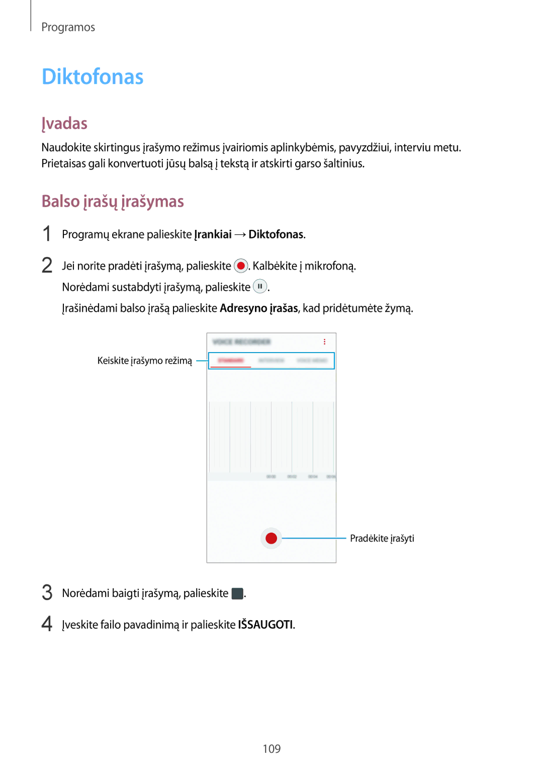 Samsung SM-G920FZBASEB manual Diktofonas, Balso įrašų įrašymas 