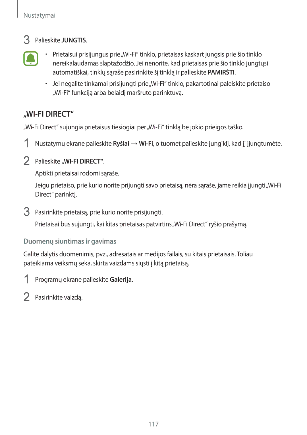 Samsung SM-G920FZBASEB manual Duomenų siuntimas ir gavimas, Palieskite „WI-FI Direct 