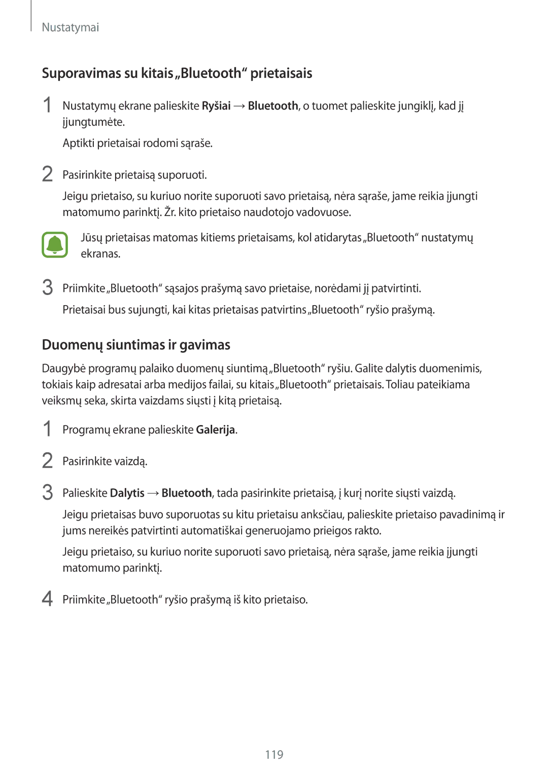 Samsung SM-G920FZBASEB manual Suporavimas su kitais„Bluetooth prietaisais, Duomenų siuntimas ir gavimas 