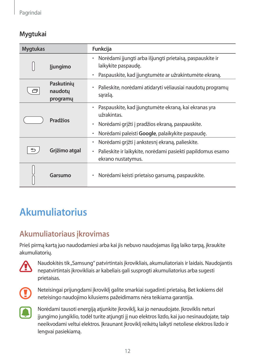 Samsung SM-G920FZBASEB manual Akumuliatorius, Akumuliatoriaus įkrovimas, Mygtukai 