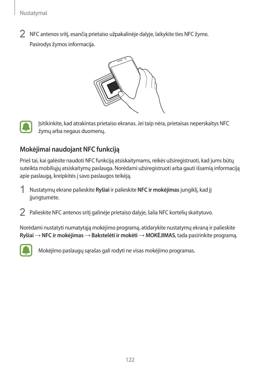 Samsung SM-G920FZBASEB manual Mokėjimai naudojant NFC funkciją 