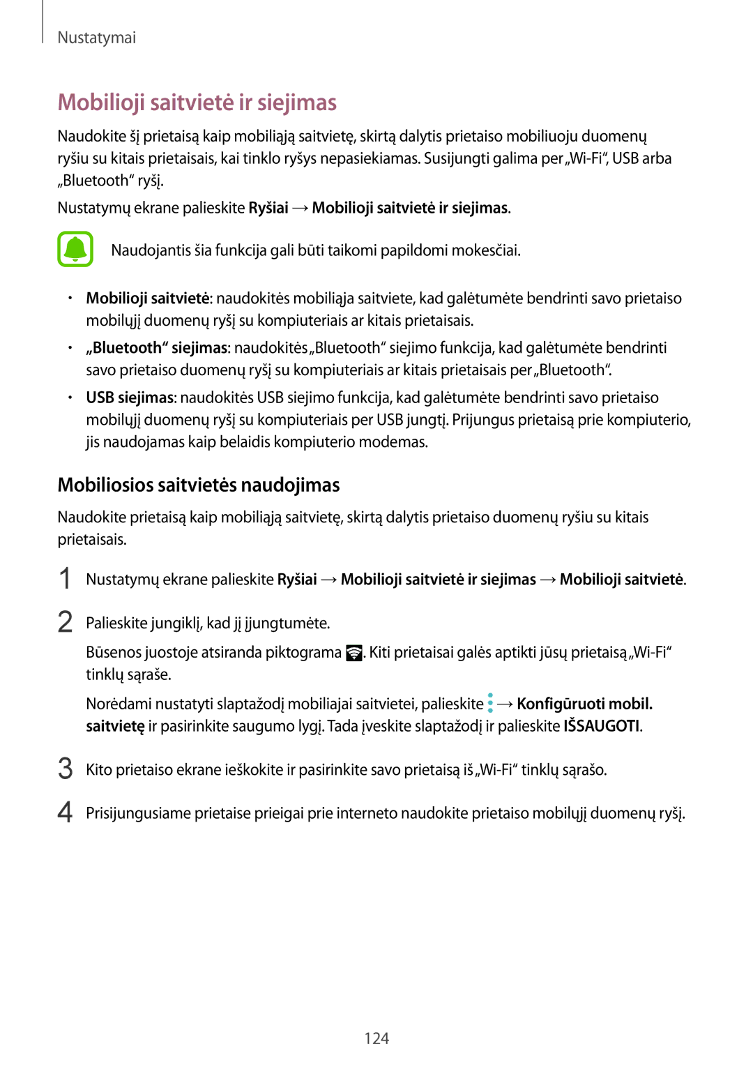 Samsung SM-G920FZBASEB manual Mobilioji saitvietė ir siejimas, Mobiliosios saitvietės naudojimas 