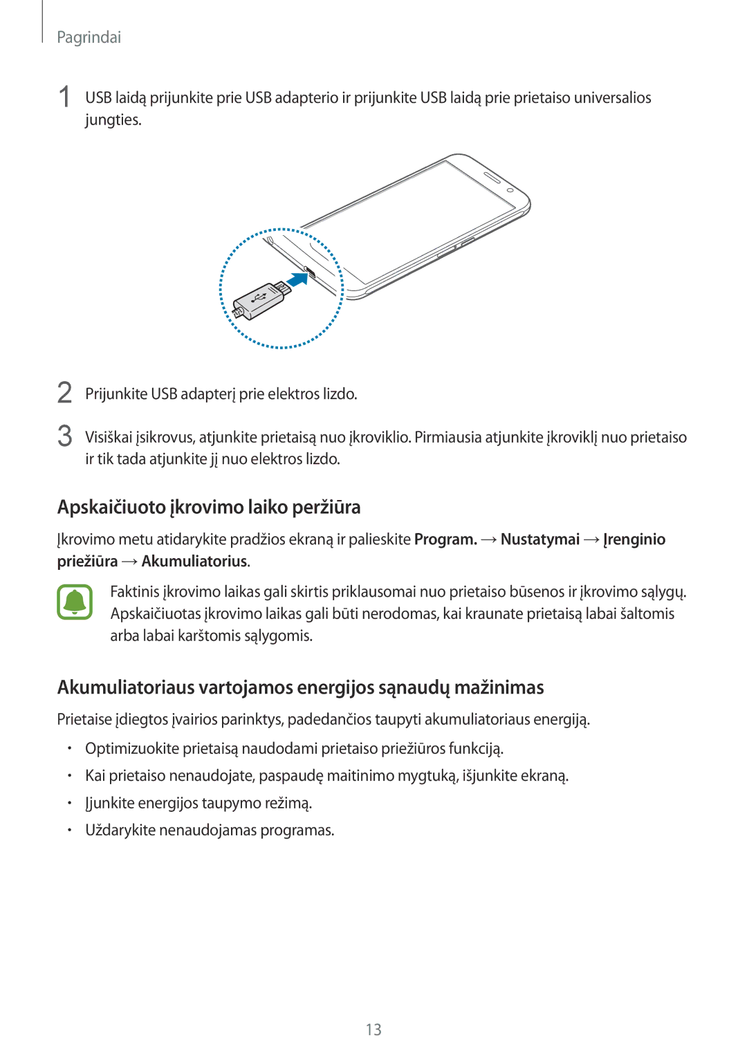 Samsung SM-G920FZBASEB manual Apskaičiuoto įkrovimo laiko peržiūra, Akumuliatoriaus vartojamos energijos sąnaudų mažinimas 