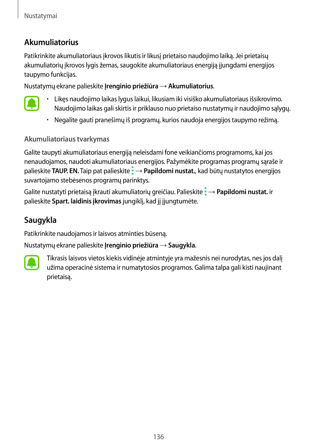 Samsung SM-G920FZBASEB manual Akumuliatorius, Saugykla, Akumuliatoriaus tvarkymas 