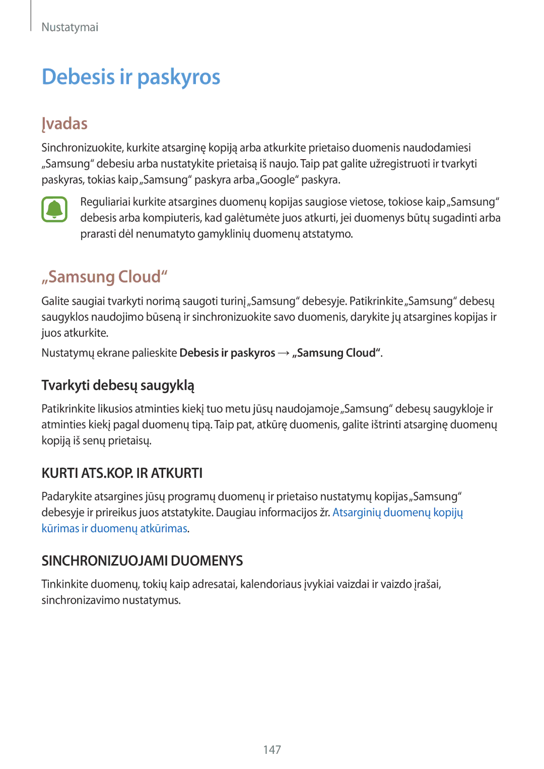 Samsung SM-G920FZBASEB manual Debesis ir paskyros, „Samsung Cloud, Tvarkyti debesų saugyklą 