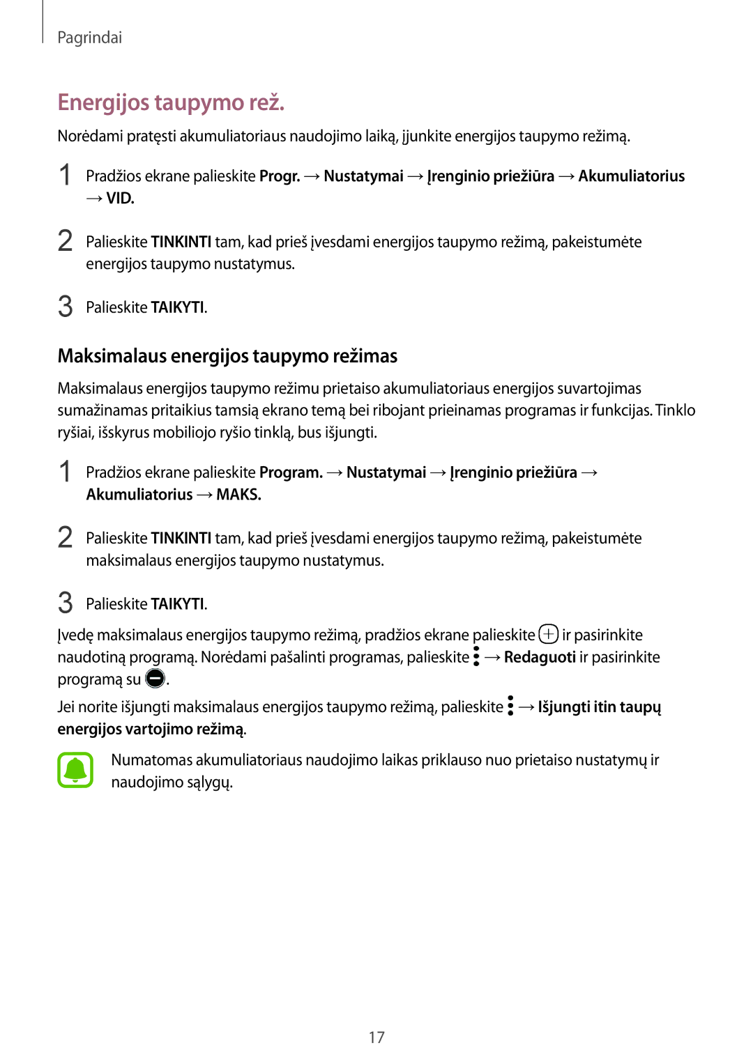 Samsung SM-G920FZBASEB manual Energijos taupymo rež, Maksimalaus energijos taupymo režimas, → Vid 