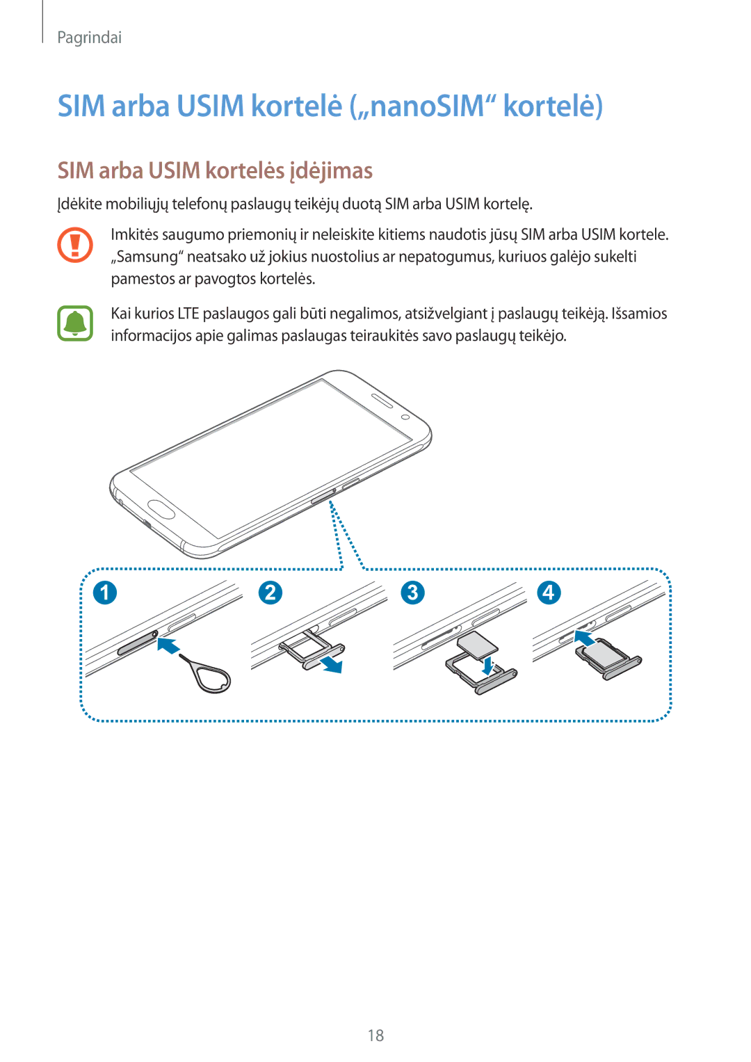 Samsung SM-G920FZBASEB manual SIM arba Usim kortelė „nanoSIM kortelė, SIM arba Usim kortelės įdėjimas 