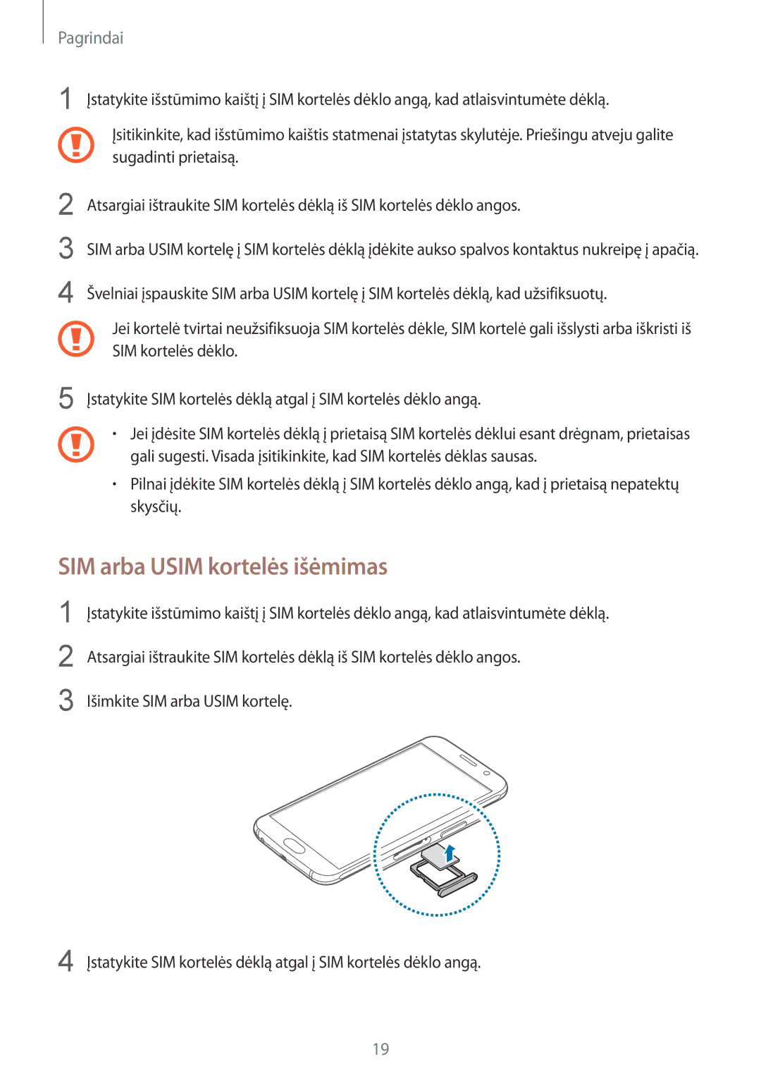 Samsung SM-G920FZBASEB manual SIM arba Usim kortelės išėmimas 